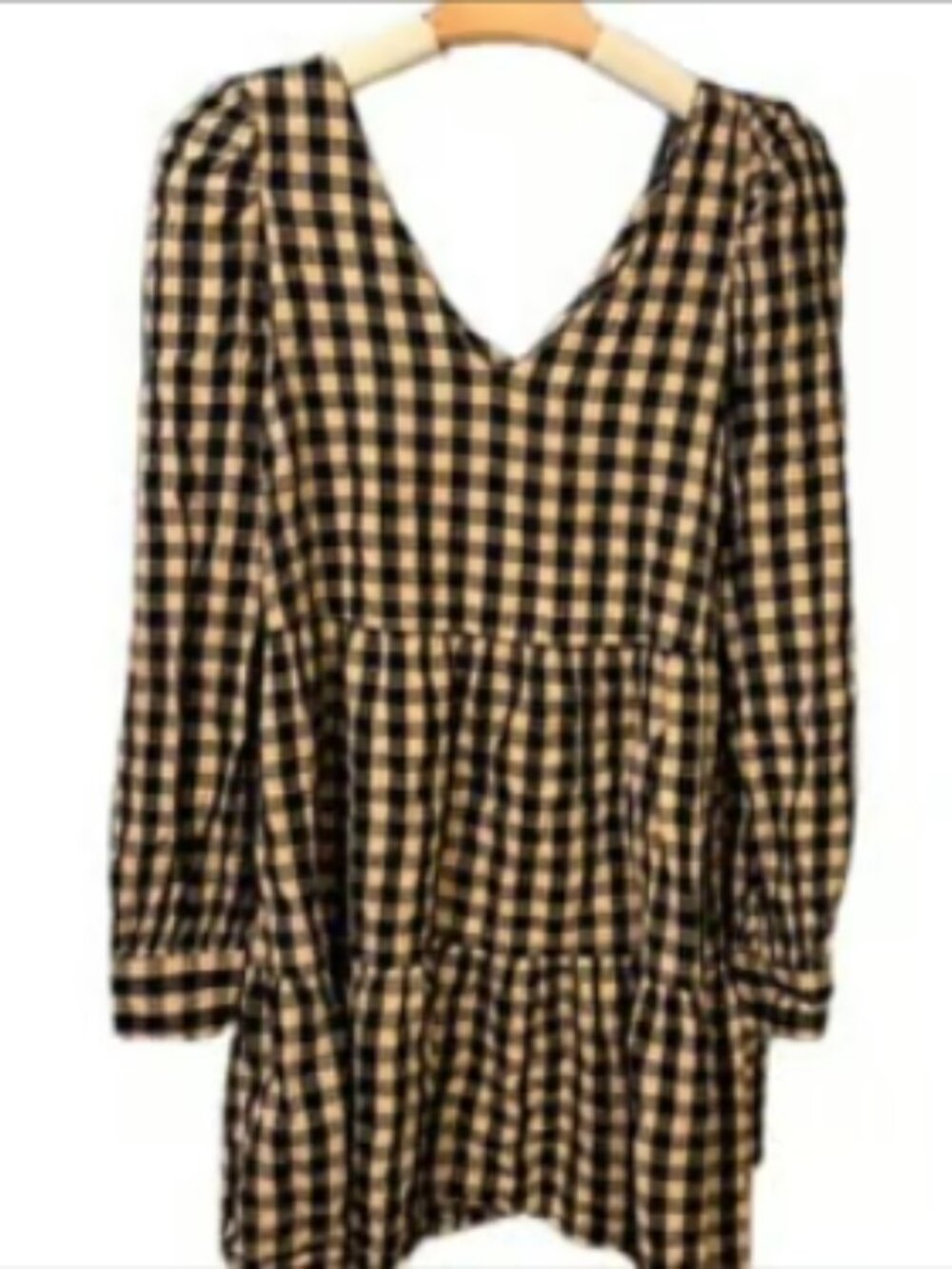 Collusion Black Tan Gingham Long Sleeve Checkered Babydoll Mini Dress Plaid XL